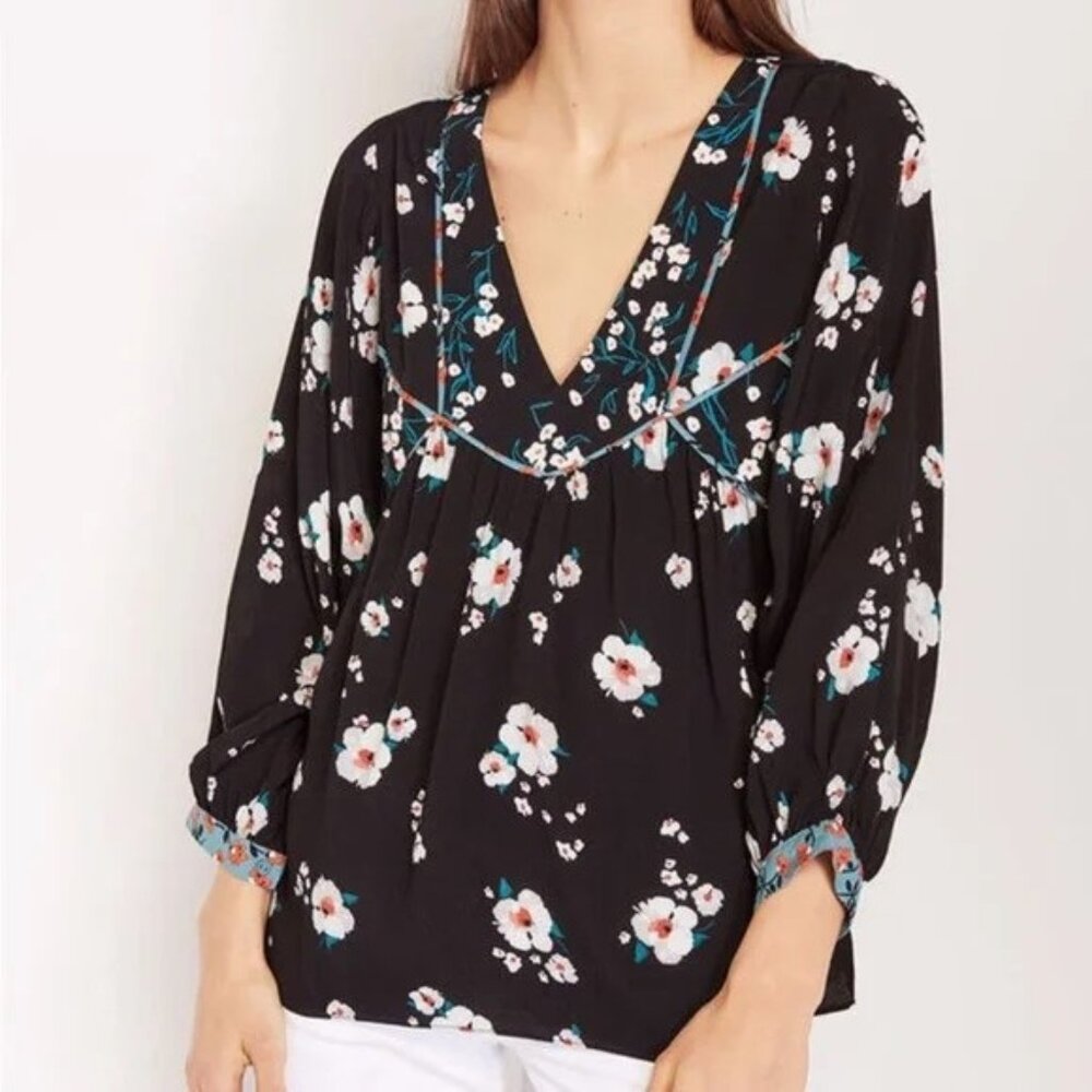 Ba&sh Floral Smock Blouse Bright Black V Neck 3/4 Length, Size 3 / 10 / L